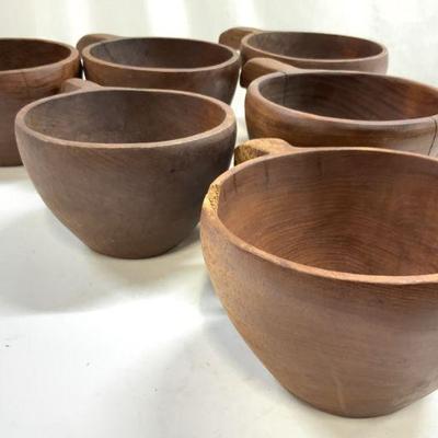 Set 6 Carved Wooden Vessels W Handles
