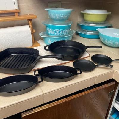 Vintage Pyrex, Lodge Cast Iron Pans