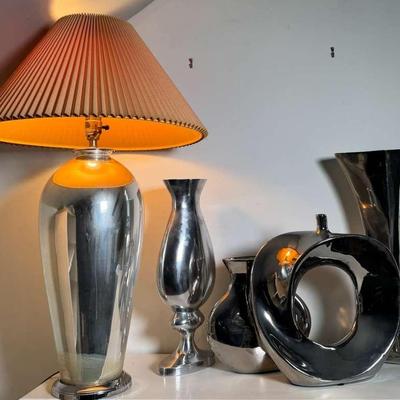 Decor - MCM Silver Chrome Lamp And Vases