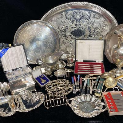 Sterling Silver Perfume Bottle and Silver Plate Serviceware