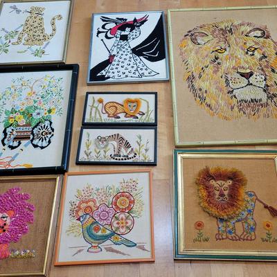 9 ASSORTED FRAMED EMBROIDERED ART WORKS - MAINLY ANIMALS 