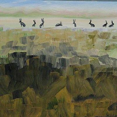SIGNED PAINTING OF NUMEROUS BUNNIES/RABBITS IN LANDSCAPE 