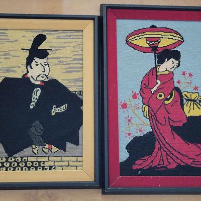 FRAMED EMBROIDERED ART - 1 JAPANESE MAN AND 1 JAPANESE WOMAN 