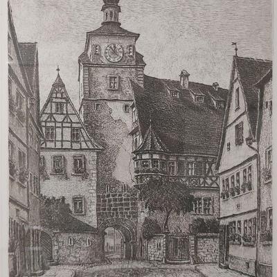 "ROTHENBURG" BLACK & WHITE ETCHING BY ERNST GEISSENDORFER