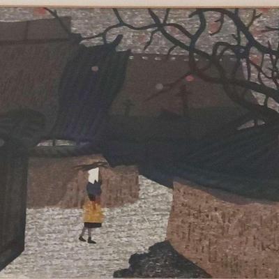 VINTAGE JAPANESE MODERN CUBIST WOODBLOCK BY KIYOSHI SAITO