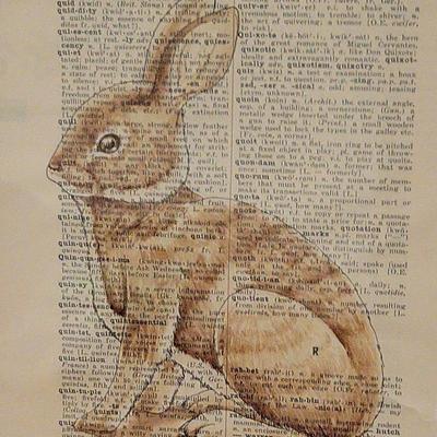 SIGNED - RABBIT PAINTING ON DICTIONARY PAGE 