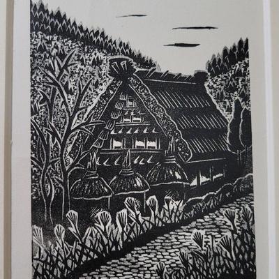 SMALL SIGNED BLOCK PRINT OF TRADITIONAL HOUSE 