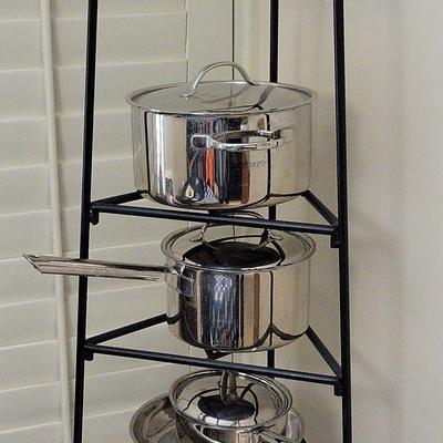 MIXED STAINLESS STEEL 8 PIECE SET - REVERE WARE & CUISINART - INCLUDES STANDING RACK 
