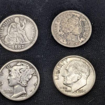 4 Silver Dimes ..1887, 1916, 1943, & 1964
