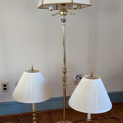 One Colonial Style Floor Lamp, And Two Brass Table Lamps