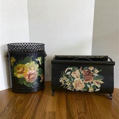 Vintage Toleware Magazine Rack & Waste Basket Set.jpg