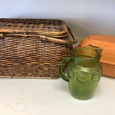 Clay Cooker, Green Pitcher And Picnic Basket