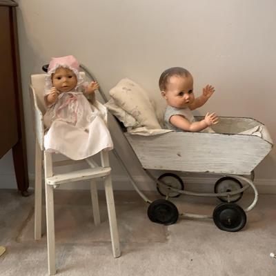 Two Vintage Dolls With Buggy And High Chair