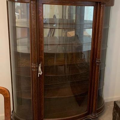 Ornate Antique Oak Cabinet With Curved Glass