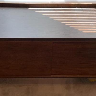 Long Wooden MidCentury Buffet With Drawers and Sliding Doors