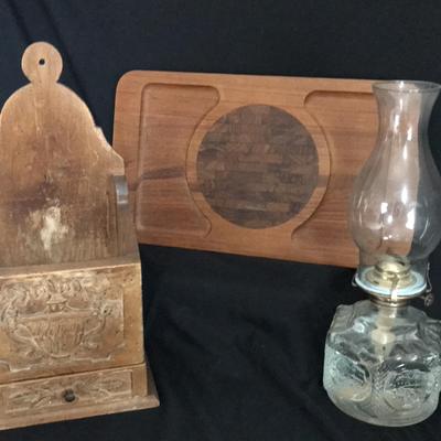 Vintage Salt Box , Cutting Board And Oil Lamp