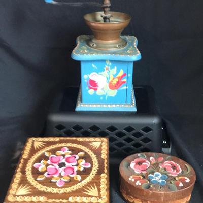 Handpainted Wooden Coffee Grinder And Trinket Boxes