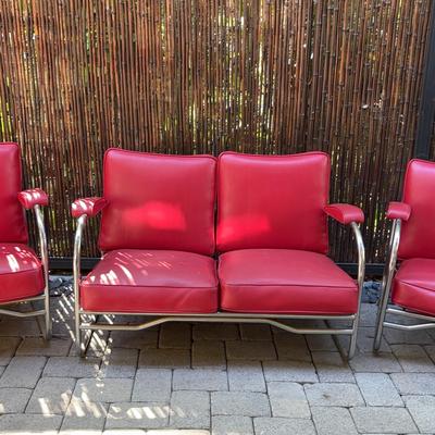 Mid-Century Red Vinyl & Tubular Kem Weber Style Chrome Lounge Set | 2 Chairs + 2-Seat Sofa 