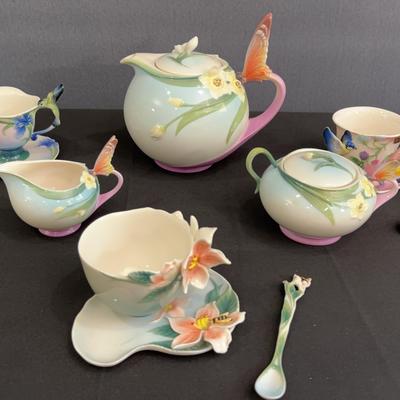 Franz Porcelain Butterfly & Blossom Tea Set | Teapot, Cups, Saucers, Creamer & Sugar