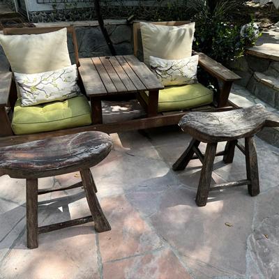 Arboria Fine Garden Furnishings 2-Seater Bench With Asian Style Carved Fish Stools 