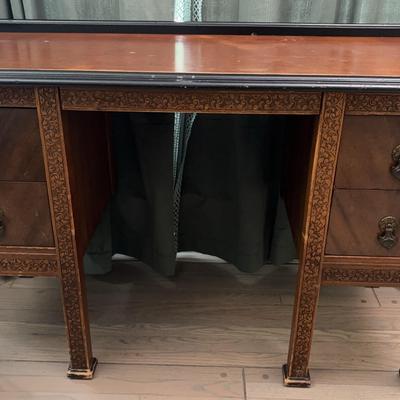 Vintage Kneehole Desk With Carved Wood Trim And Door Knocker Handles