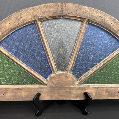 Antique 5 Light Arched Patterned Stained Glass Window | Textured Blue, Green & Clear Panels