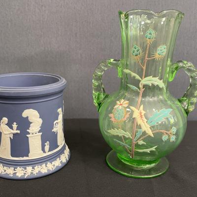 Hand-Painted Green Depression Art Glass Vase with Twisted Handles and Thistle Motif & Wedgewood Pot