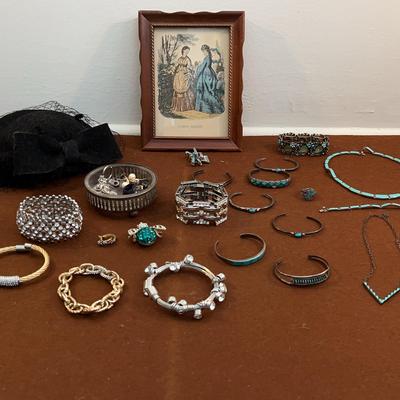 Costume Jewelry: Turquoise, Red Stone 925 Earrings, and Vintage Boudoir Framed Art