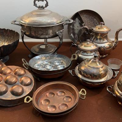Escargot Copper Plates, Silverplate Chafing, Teapot, Fruit Bowl