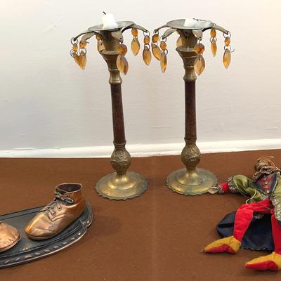 Brass Candle Holders c 1990s, Copper Shoe Decor, Venetian Clown Puppet 
