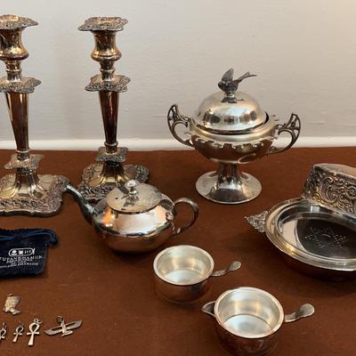 Antique Silverplated Butter Dish, Candle Holders, Serving and More