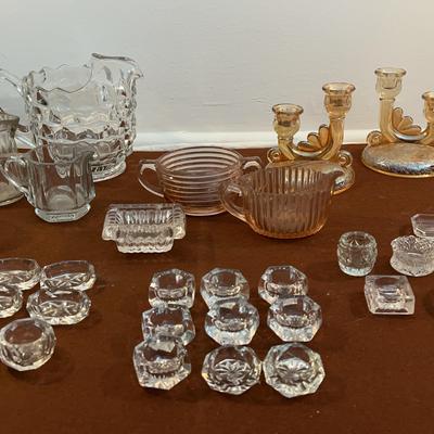 Depression Glassware: Jugs, Pink Anchor Hocking Glass, Carnival Glass Candle Holders