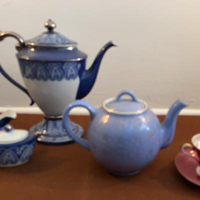 Hall Pottery Teapot, Bombay Blue White Coffeepot C&S, Aynsley Teacup