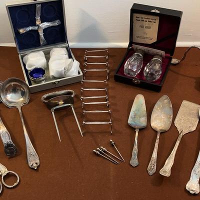 Antique Silverplated Serving, Knife Rests, Salt-Pepper Cellars (Blue), Roast Skewer, Olive Picks