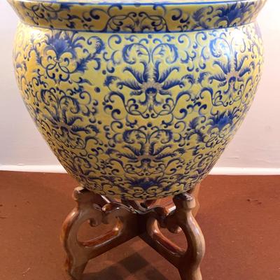 Asian Ceramic Plant Pot, Large - Yellow Blue, Handpainted Interior