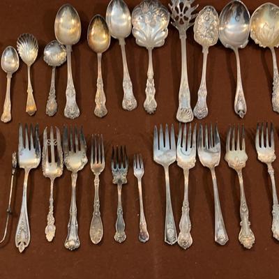 Antique Silver-plated Serving Spoons, Tongs, Forks, 29 Pcs
