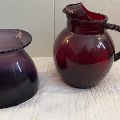 Anchor Hocking Ruby Red Glass Pitcher (Vintage) and Plum Vase