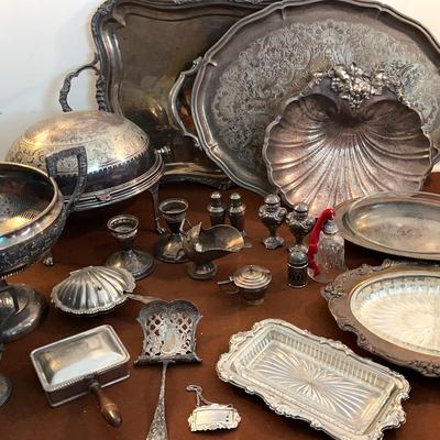 Antique Silver-plated Serving Ware and Salt Pepper Shakers 23 Pcs