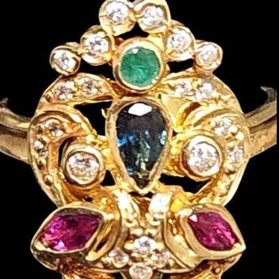 18 Karat Yellow Gold Byzantine Style Multicolor Gem Ring