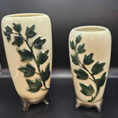 Vintage Art Pottery Vases – Embossed Leaf Design – Footed Pair – Elegant Cream & Green