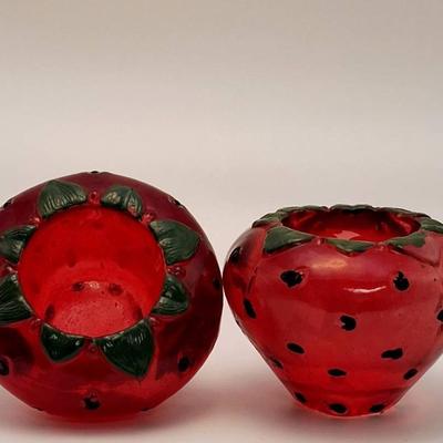 Vintage Pair of Strawberry-Shaped Glass Votive Candle Holders – Retro Fruit Decor