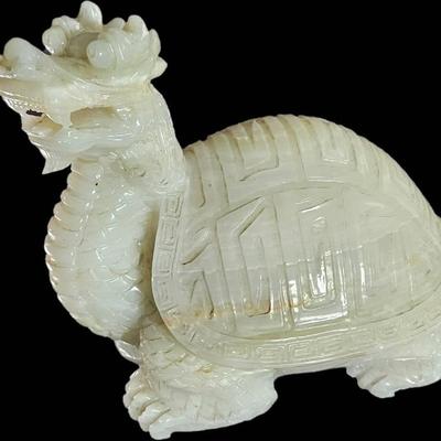 Exquisite Hand-Carved Natural Jade Dragon Turtle Sculpture – 8” x 10” 