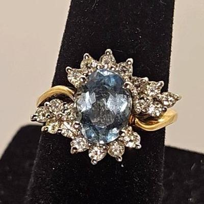 "Vintage 14K Gold Aquamarine & Diamond Snowflake Cluster Ring – Elegant Two-Tone Design"