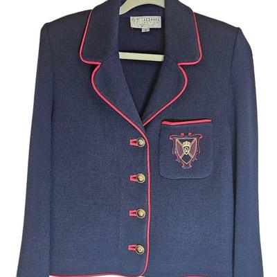 St John Womens Blazer Jacket  Navy Blue Red Santana Knit Gold Button Crested Size 8