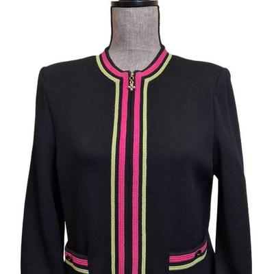St. John Black Knit Jacket with Pink & Green Trim - Size 6 | 
