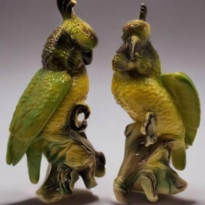 Vintage Mid-Century Ceramic Parrot Figurines Pair
