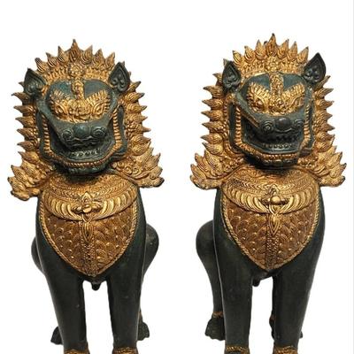 Pair of Antique Burmese Gilded Bronze Chinthe Guardian Lion Statues