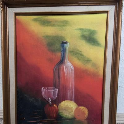 Oil On Canvas Fruit With Glass Bottle