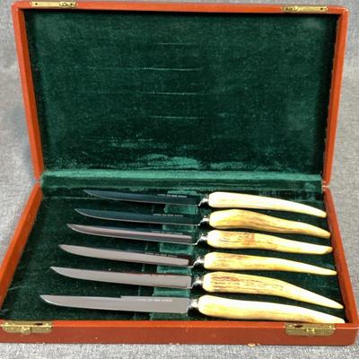 Set Of Six Steak Knives With Stag Antler Handlers