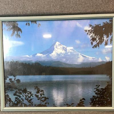 Wood Framed Snow Covered Mountain Photo